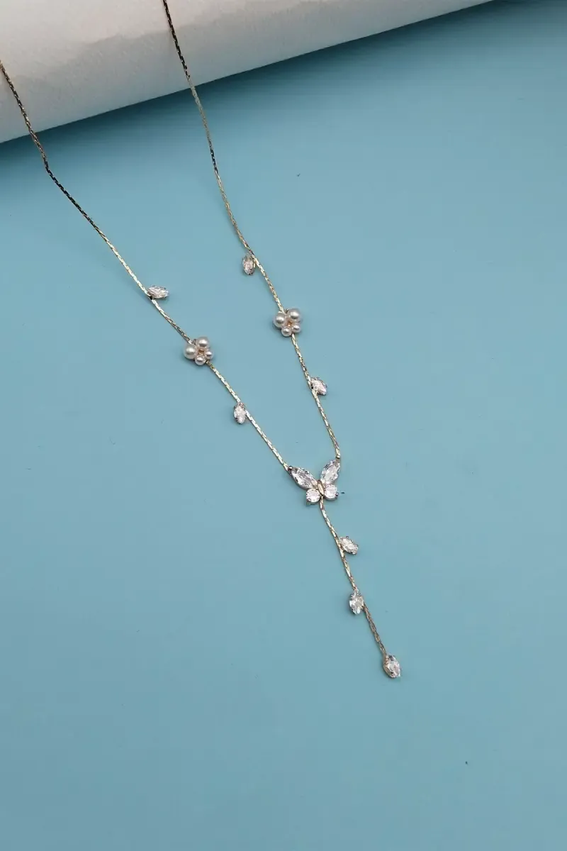Pearl & CZ Butterfly Floral Pendant Necklace for Women
