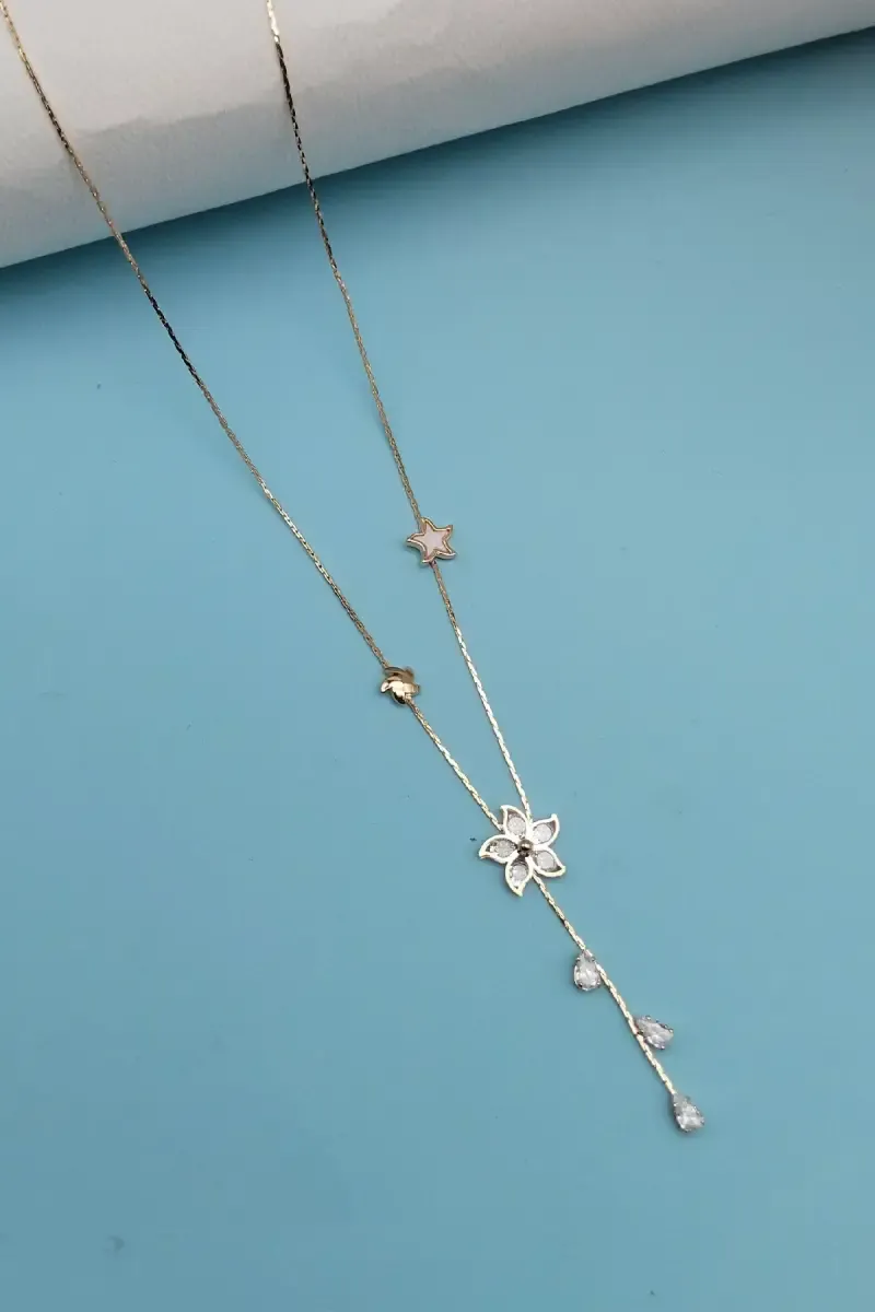 Flower & Star Pendant Necklace with CZ Stone Drops for Women