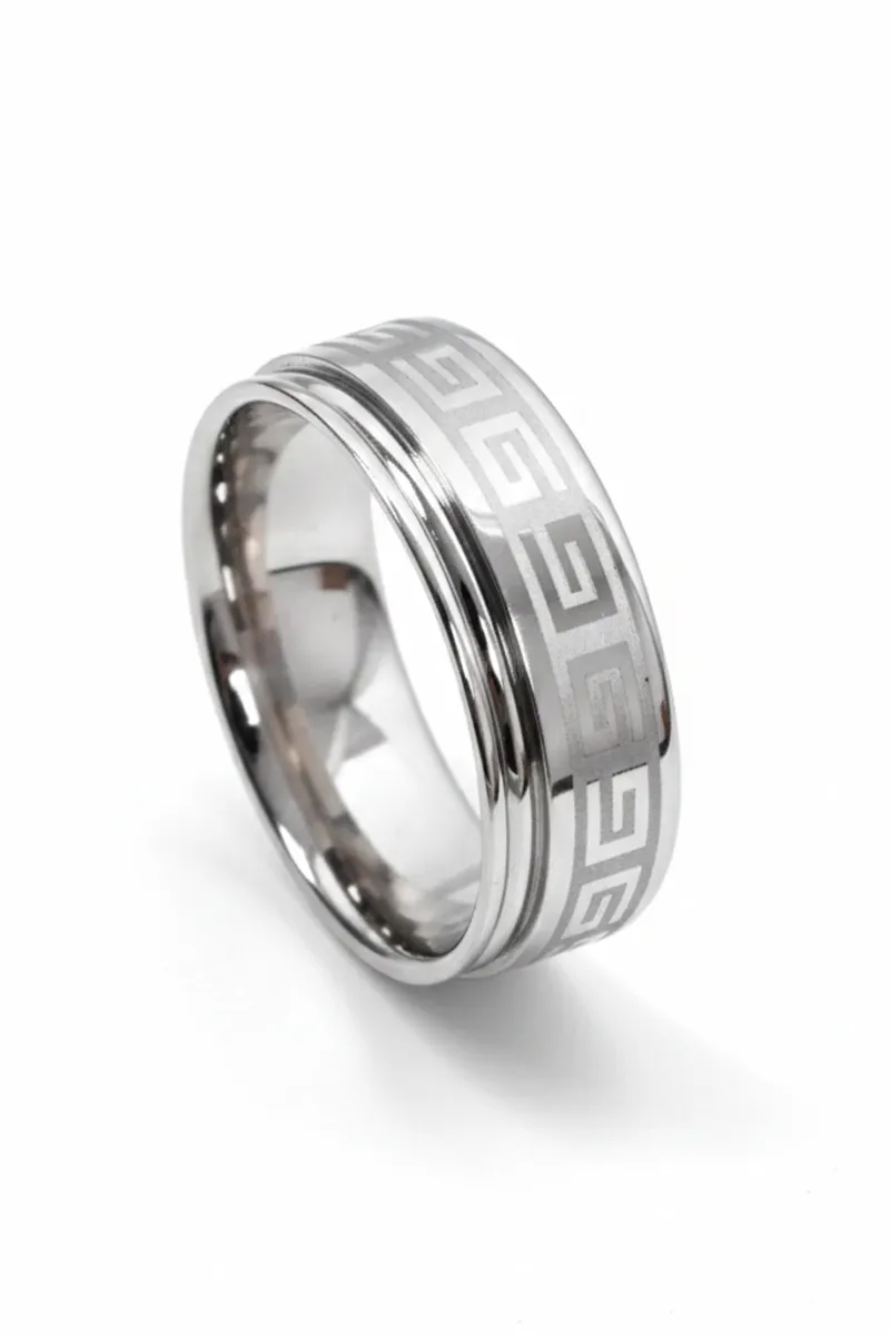 Silver Plated Band Ring Men - Greek Key Design