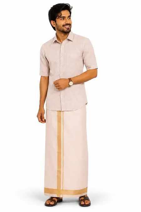 Men's Tissue Cotton Dhoti Shirt Set - Gold (2-Pcs Set)