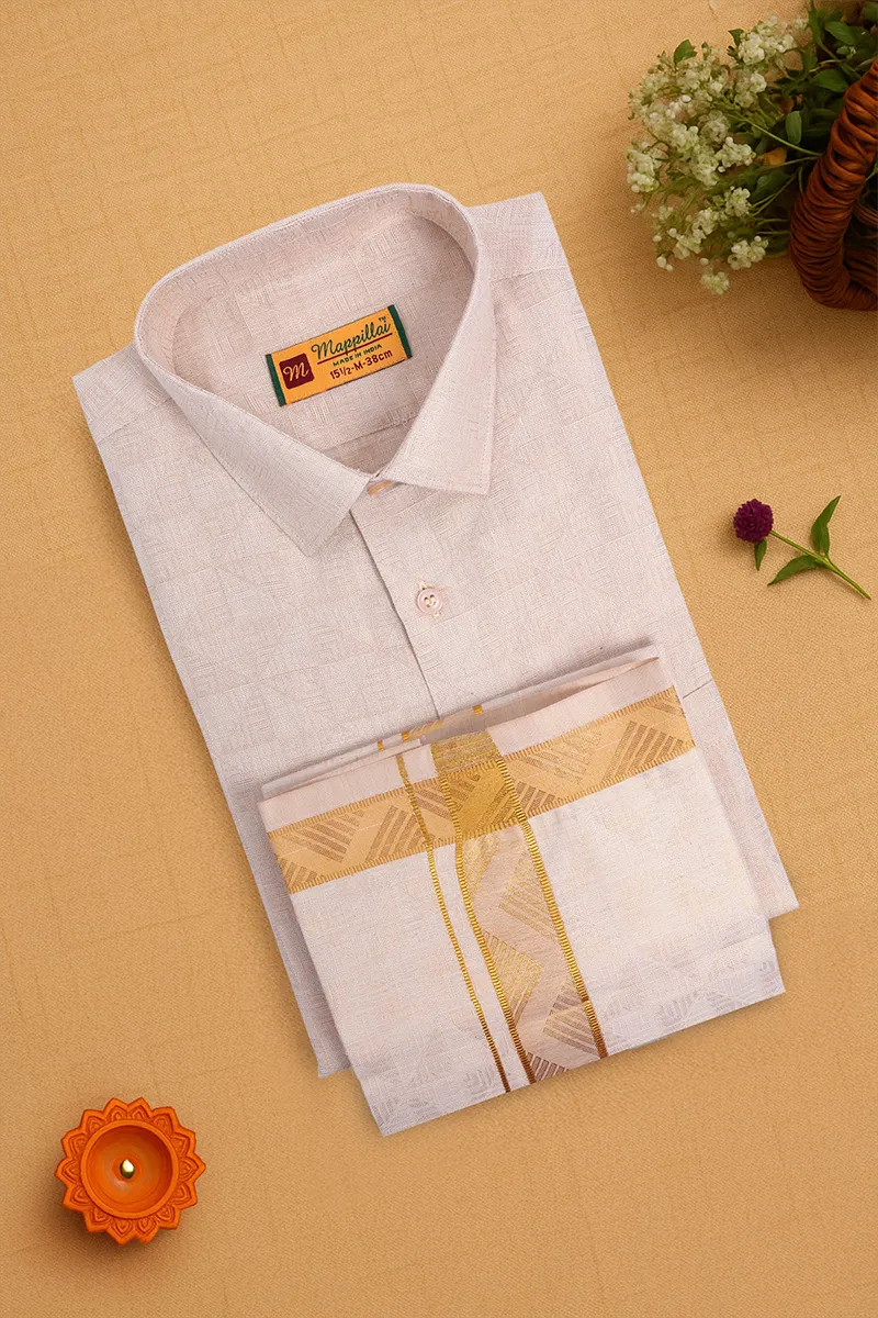 Men's Tissue Cotton Dhoti Shirt Set - Gold (2-Pcs Set)
