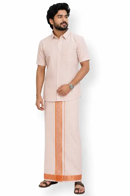 Men's Tissue Cotton Dhoti Shirt Set - Copper (2-Pcs Set) 035484COP362