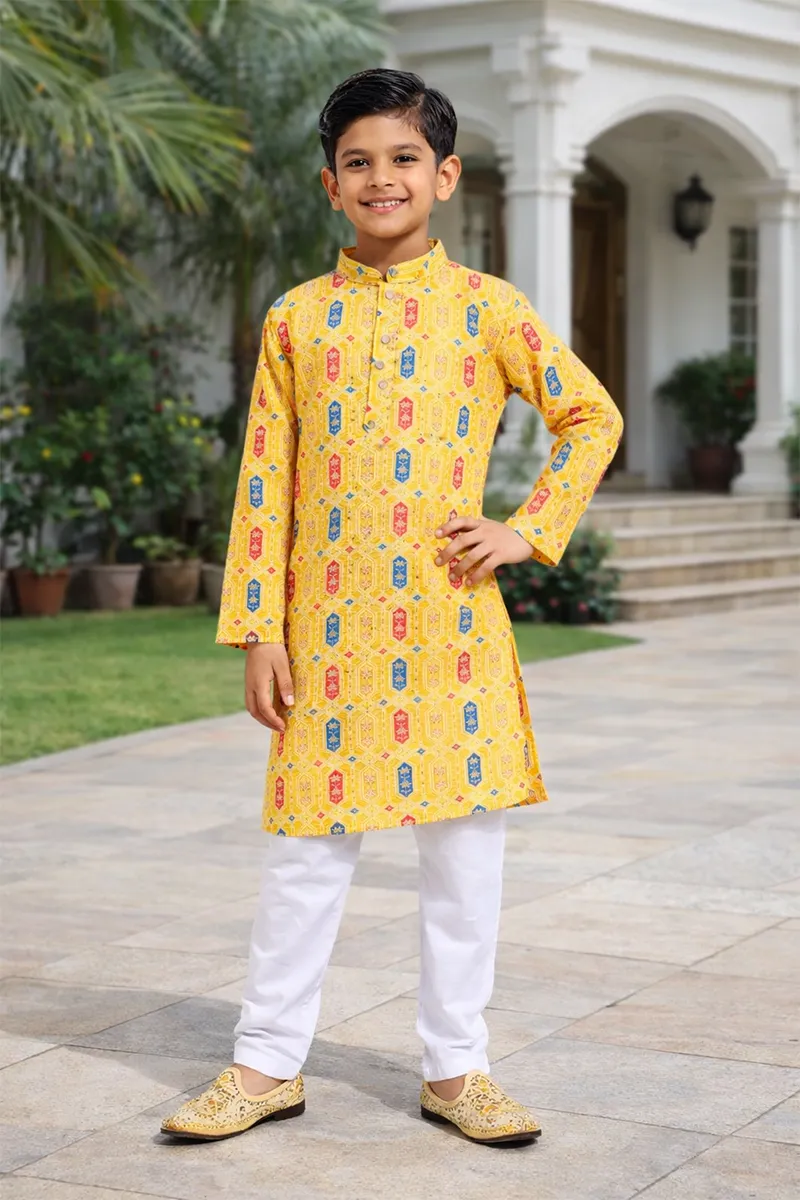 Cotton Blend Kurta with Pyjama Set for Boys - Yellow
