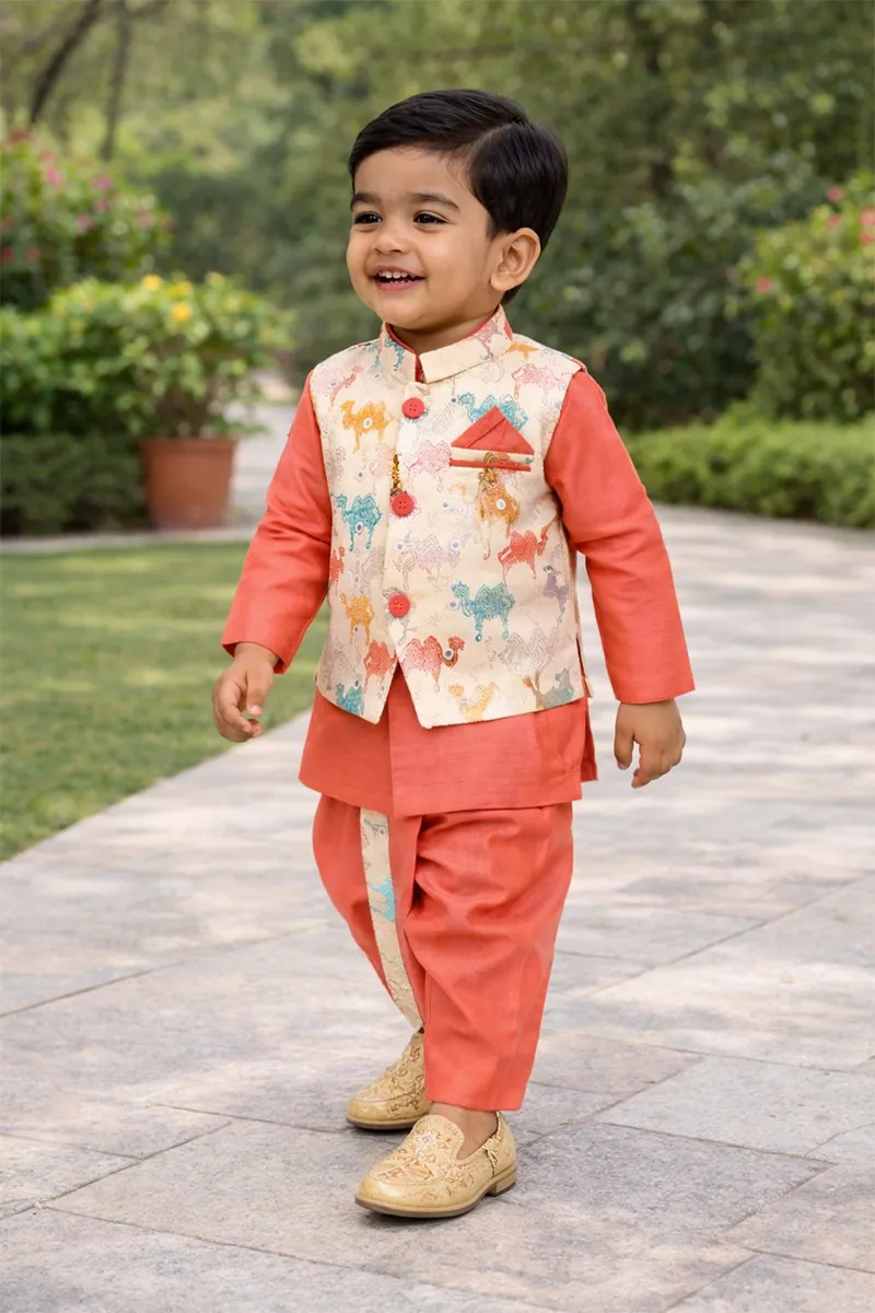 Kurta with Panchakacham and Pyjama Set for Boys - Peach (3 Pcs Set)