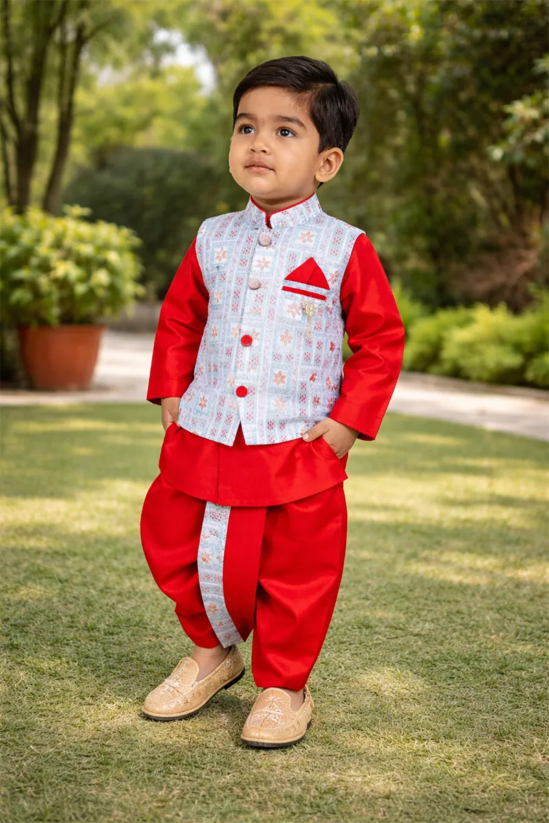 Kurta with Panchakacham and Pyjama Set for Boys - Red (3 Pcs Set)