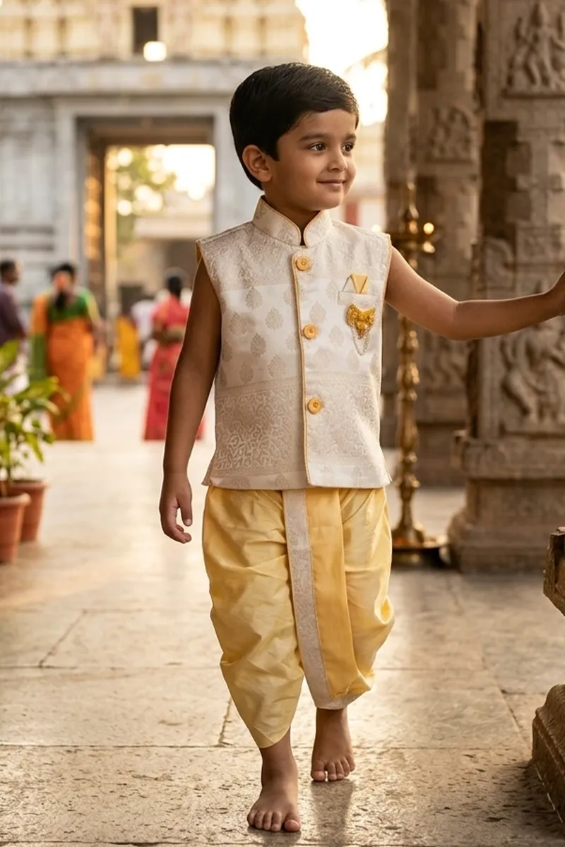Sleeveless Kurta with Panchakacham for Boys - Orange
