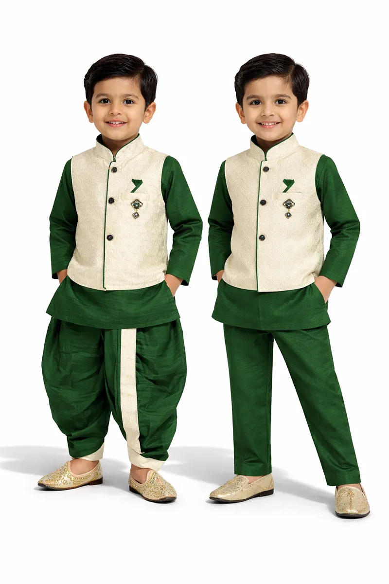 Kurta with Panchakacham and Pyjama Set for Boys - Bottle Green