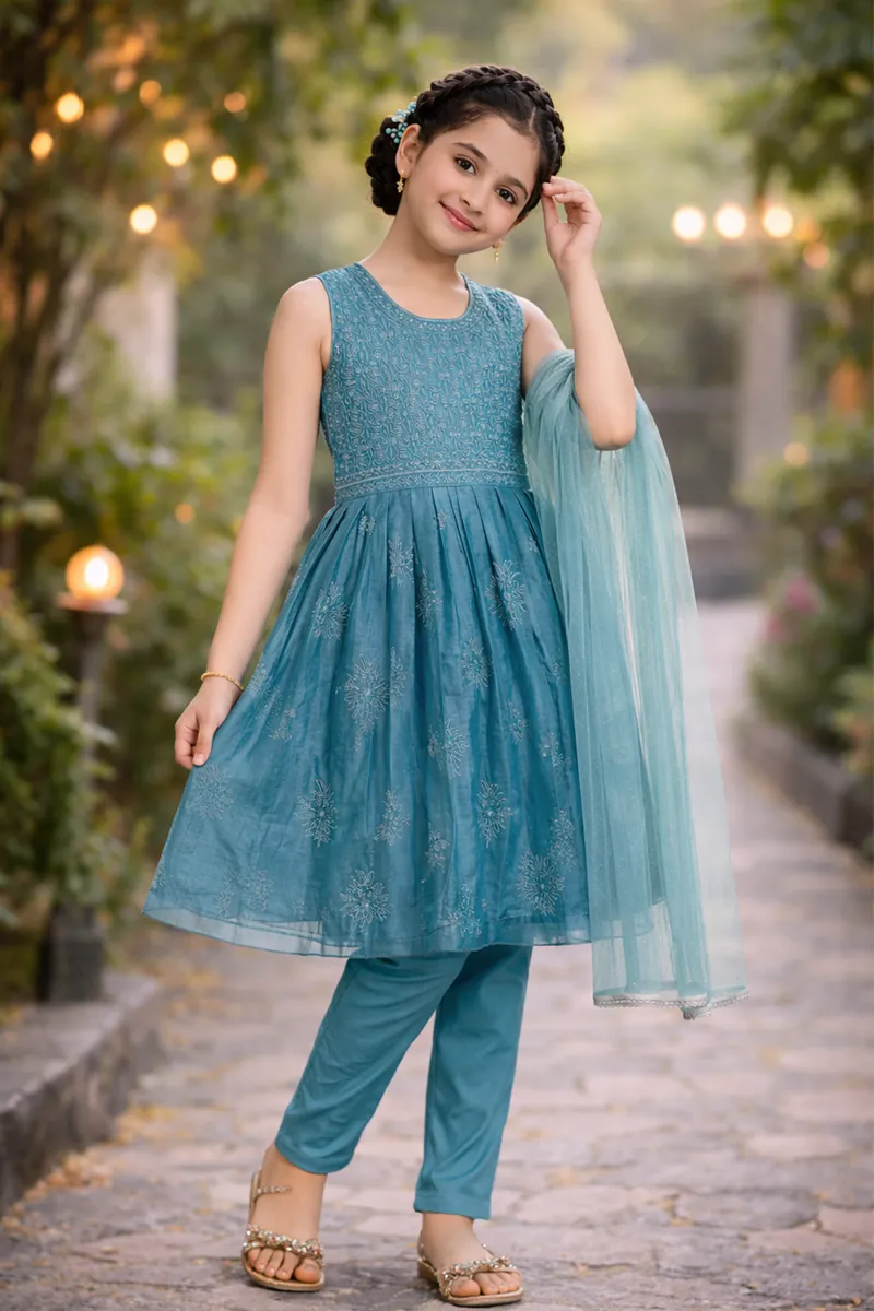 Satin Floral Kurta with Pant & Dupatta Set for Girls - Green