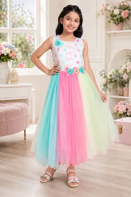 Girl's Satin Blend Geometric Printed Party Frock - Multicolor