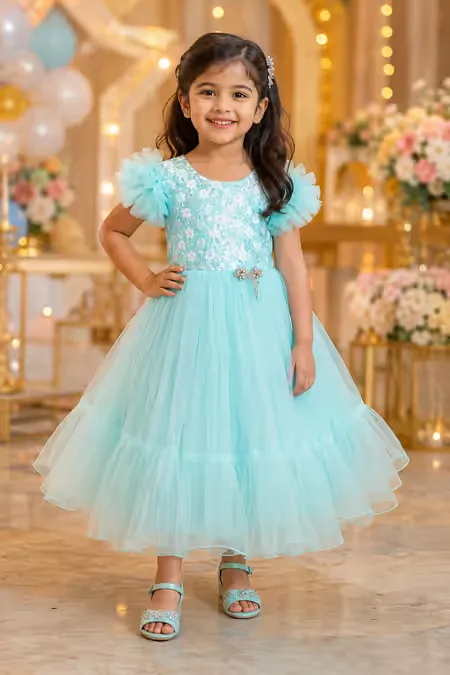 Girl's Satin Blend Sequin Embellished Baby Frock - Blue