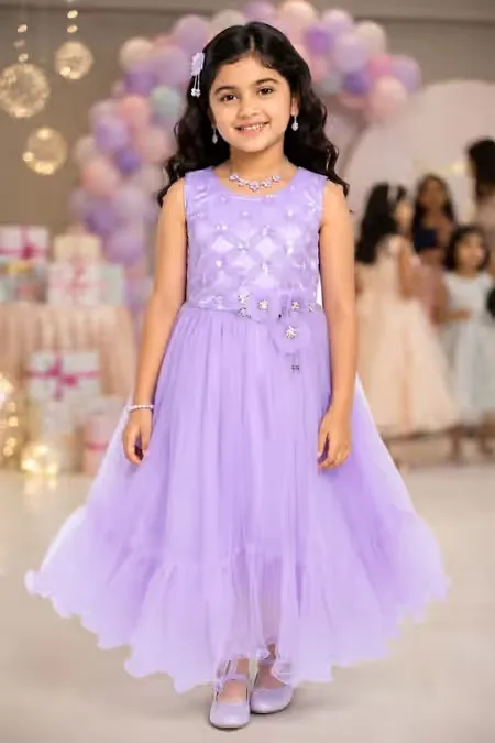 Girl's Satin Blend Geometric Embellished Party Frock - Lavender