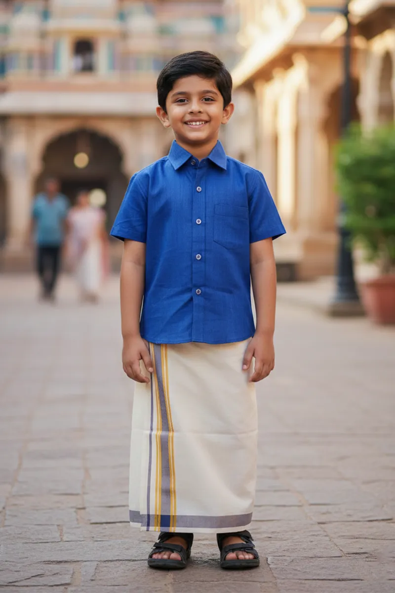 Cotton Shirt with Dhoti Set for Boys - Blue