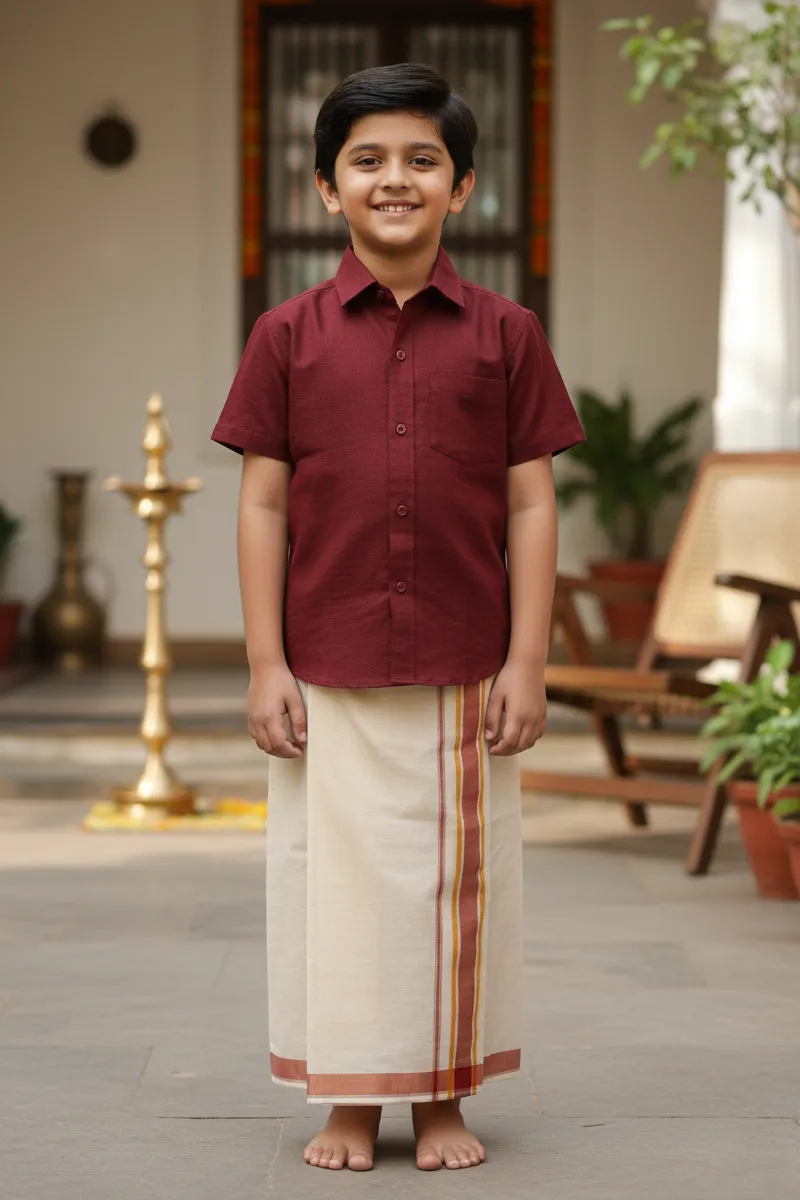 Cotton Shirt with Dhoti Set for Boys - Burgundy