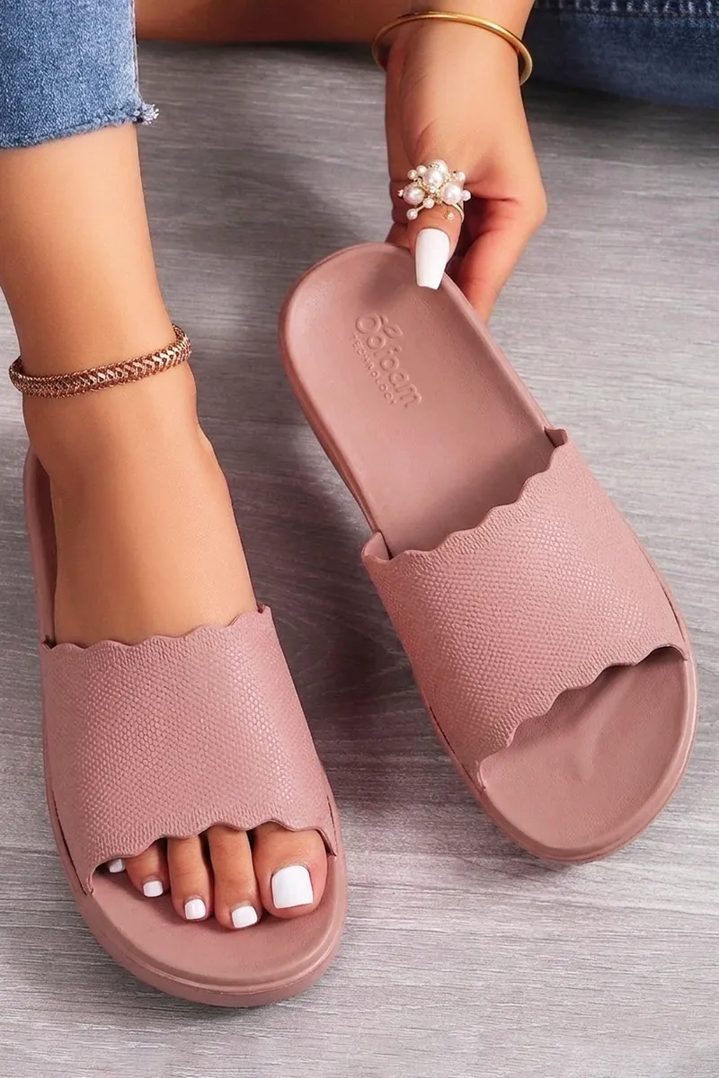 Slip-On Slides with Scalloped Strap for Women