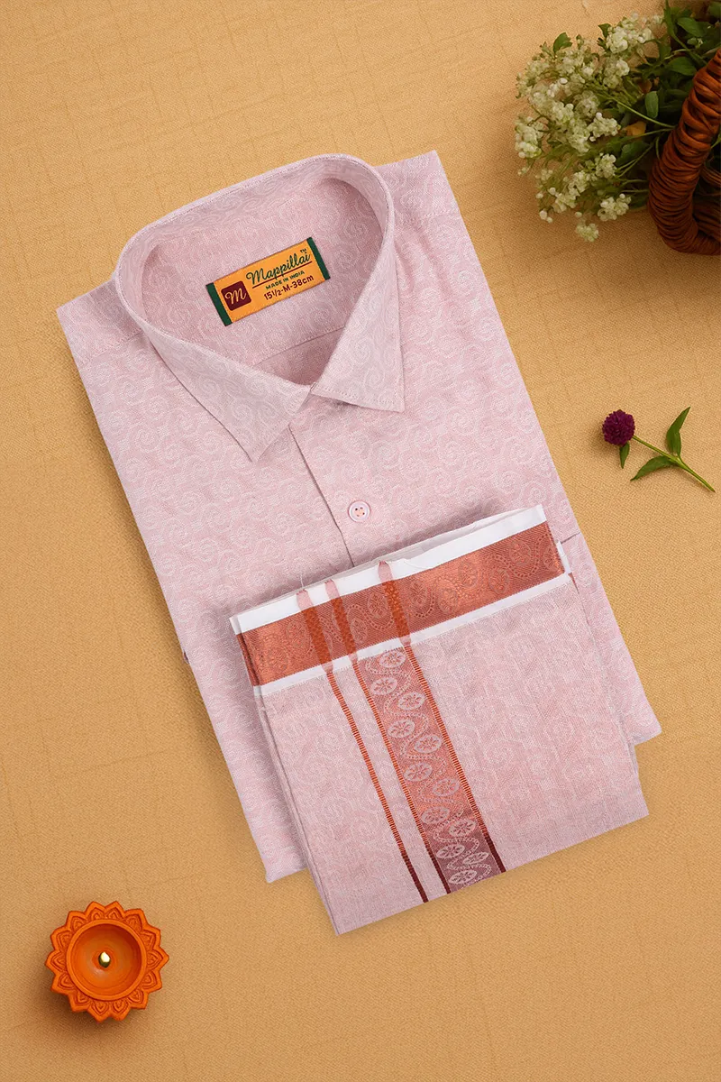 Men's Tissue Cotton Dhoti Shirt Set with Matching Border - Copper 036103COP40
