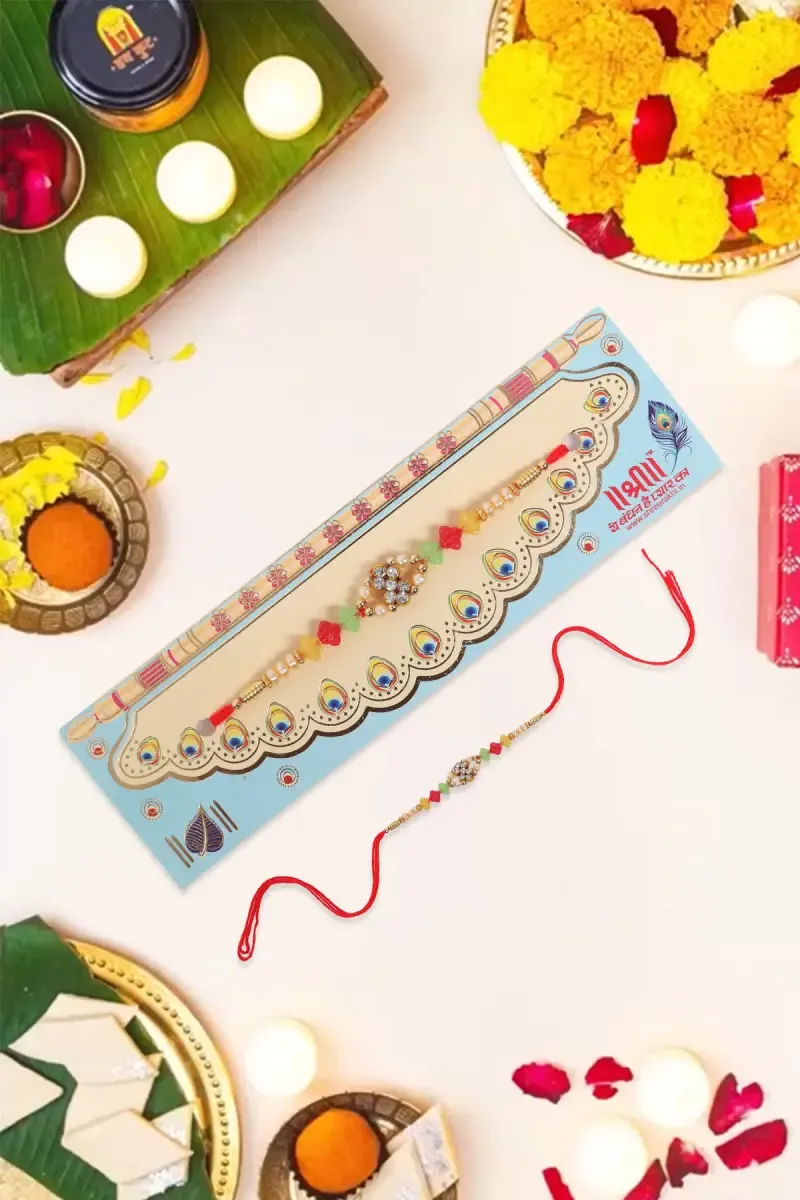 Designer Rakhi with Multicolor Beads & Floral Stone Centerpiece