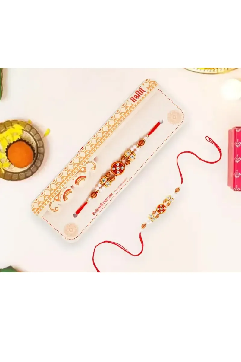 Elegant Designer Rakhi with Pearls and Golden Beads
