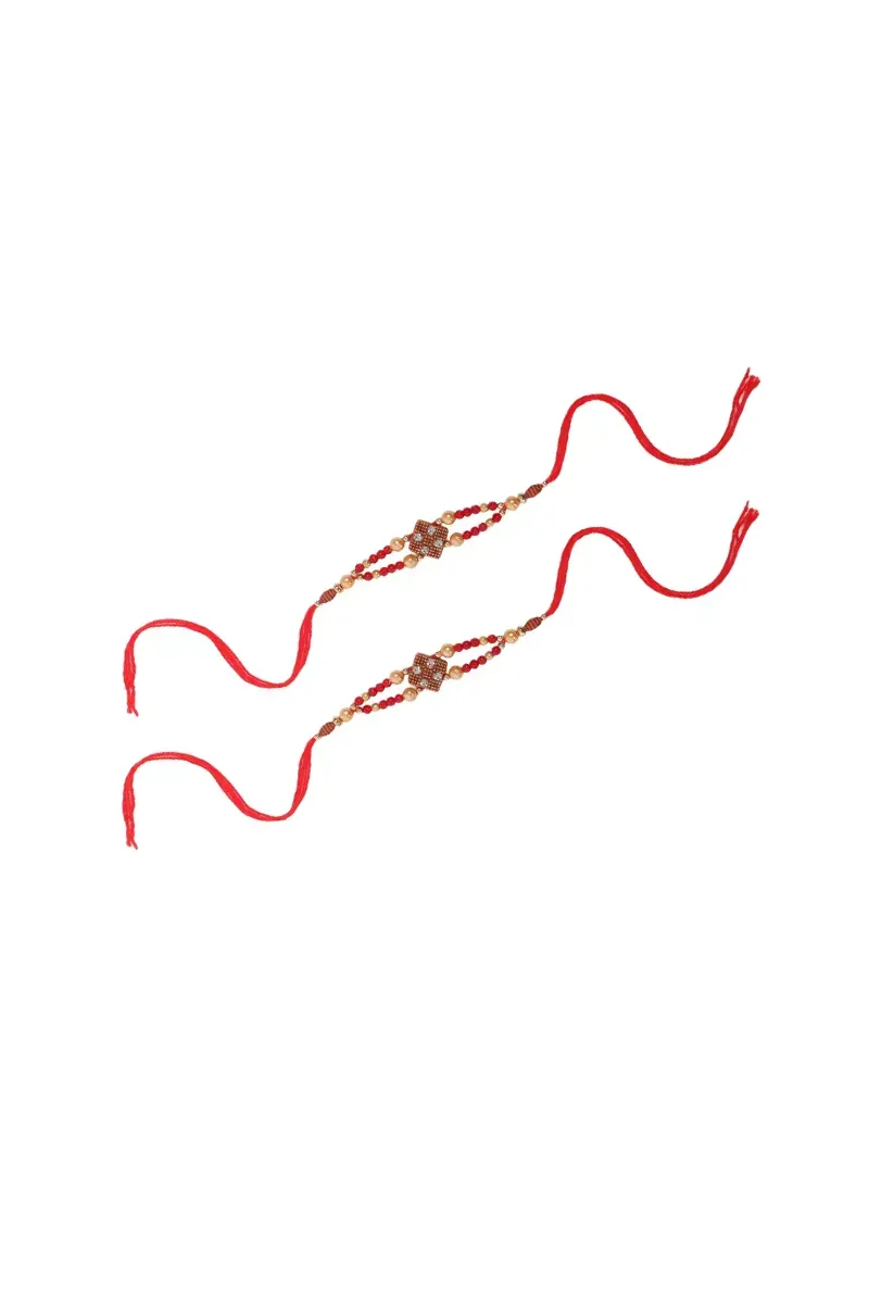 Red & Gold Beaded Rakhi with Diamond-Shaped Centerpiece