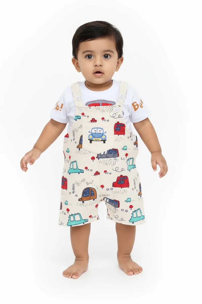 Cotton T-Shirt and Dungaree Set for Baby Boy - Cream