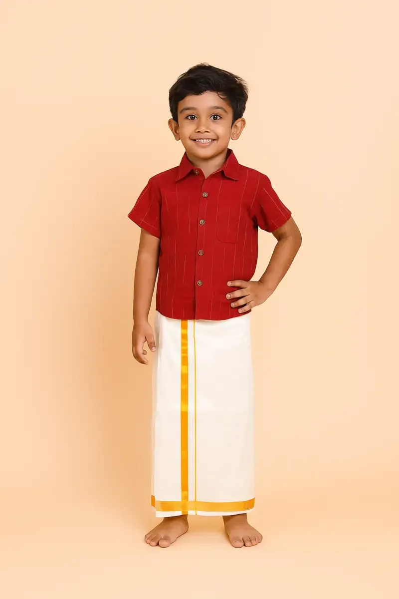 Art Silk Shirt & Dhoti Set for Boys - Red 036426RED34YRS