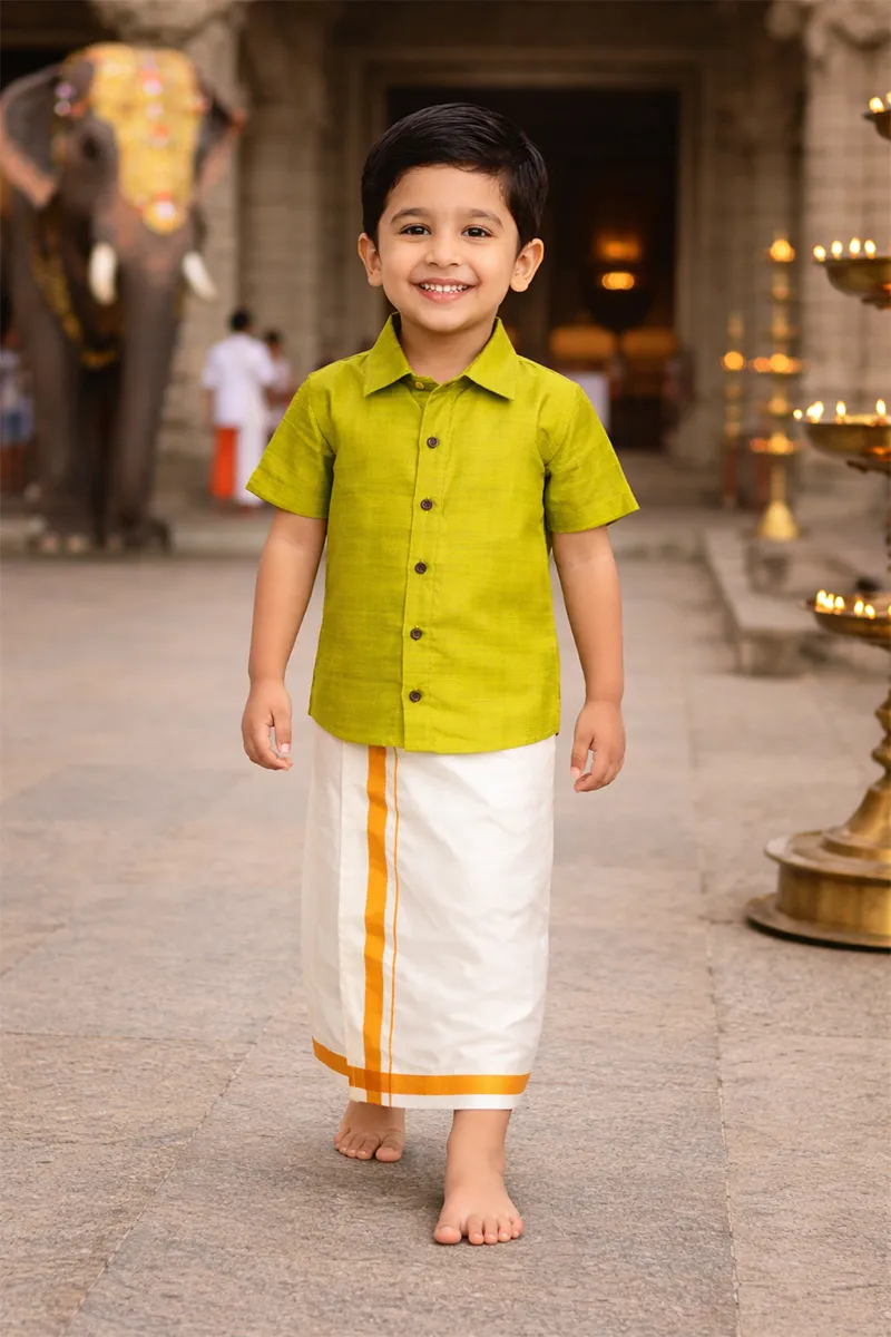 Art Silk Shirt & Dhoti Set for Boys - Green