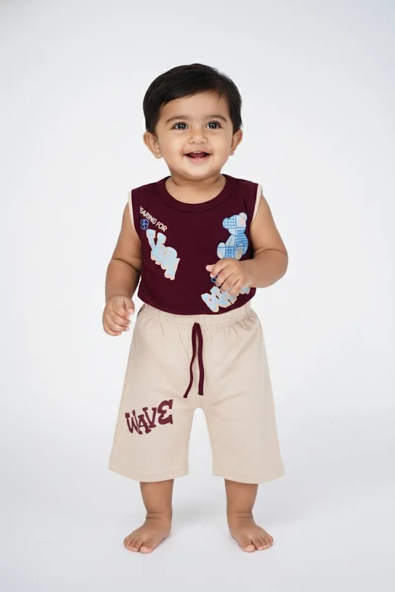 Boy's Cotton Printed Vest with Shorts Set - Burgundy 036470BUR67YEA