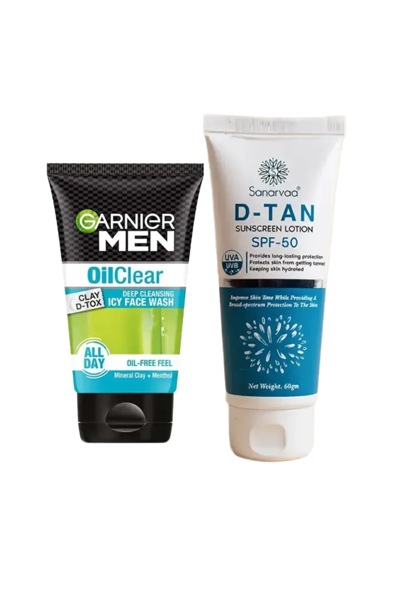 Oil Control & D-Tan Protection Combo (Garnier Men Clay D-Tox Face Wash(100g) + Sanarvaa D-Tan Sunscreen SPF 50 (60g))