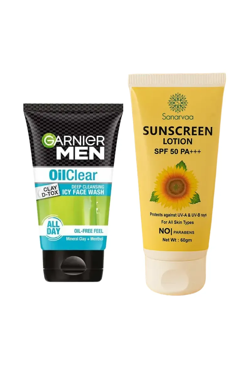 Oil Control & Sun Defense Combo (Garnier Men Clay D-Tox Face Wash + Sanarvaa Sunscreen Lotion SPF 50 PA+++)