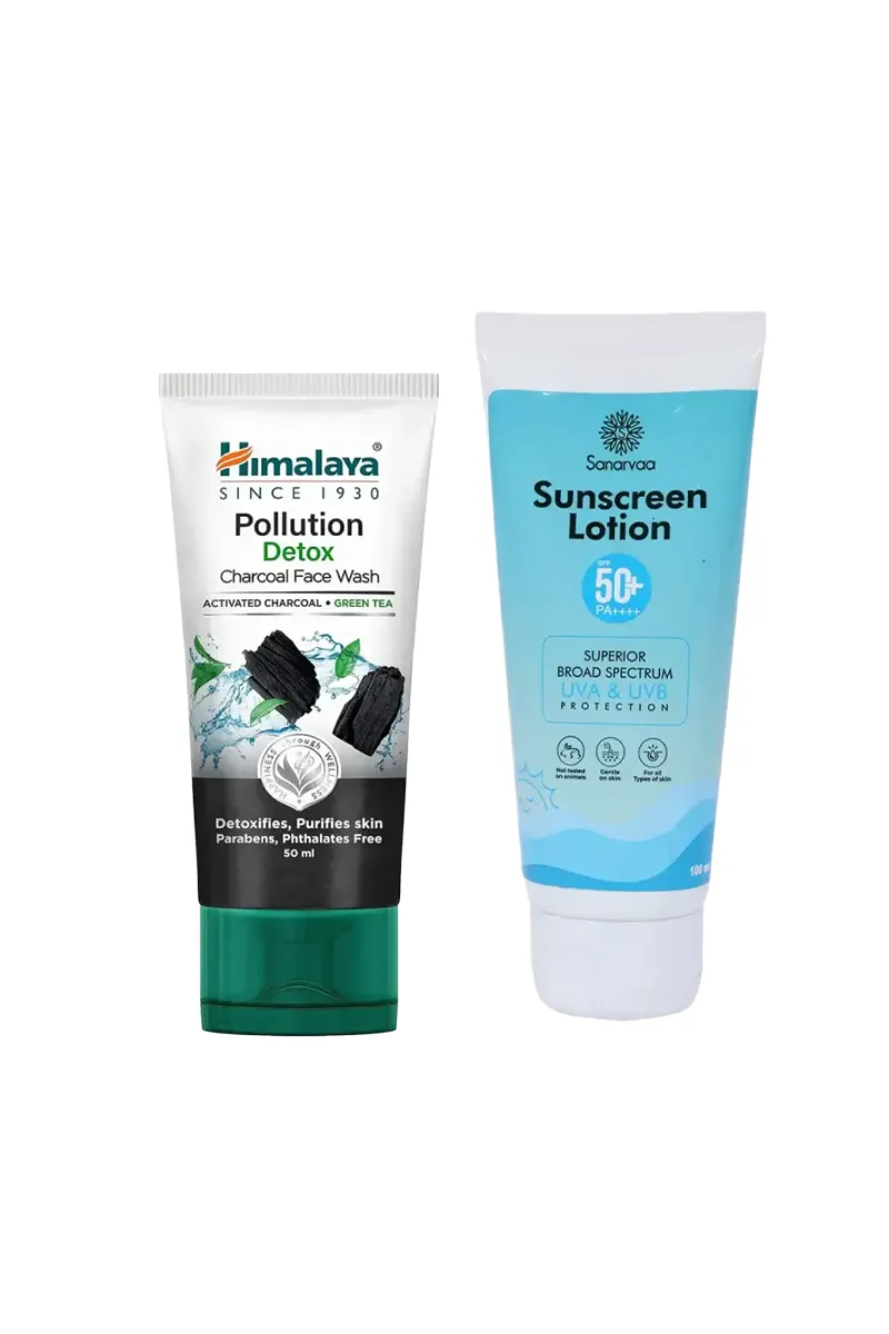 Detox & Protection Skincare Combo (Himalaya Charcoal Face Wash + Sanarvaa Sunscreen SPF 50+ PA++++)