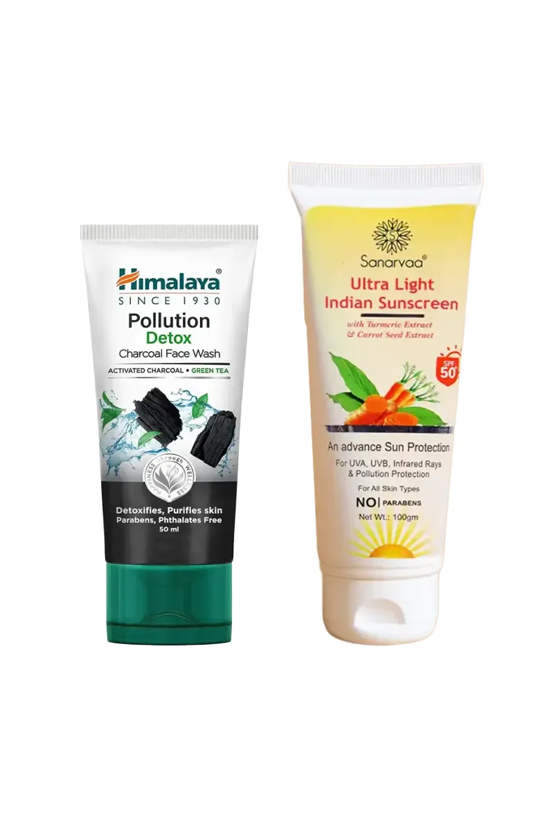 Detox & Glow Sunscreen Combo (Himalaya Charcoal Face Wash + Sanarvaa Ultra Light Sunscreen SPF 50+)