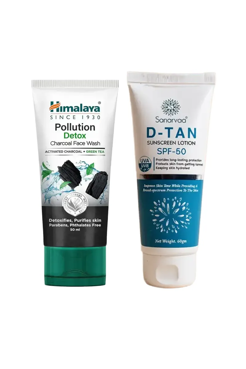 Detox & D-Tan Skincare Combo (Himalaya Charcoal Face Wash + Sanarvaa D-Tan Sunscreen SPF 50)