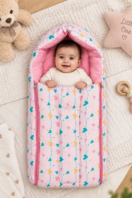 Cotton Printed 3-in-1 Sleeping Bag with Zip - Pink