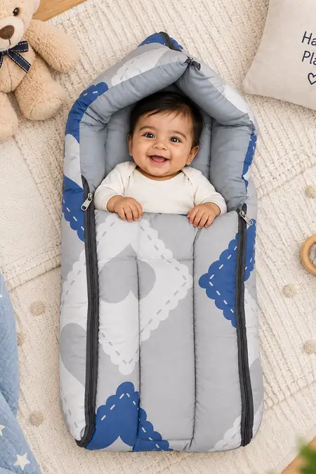 Cotton Printed 3-in-1 Sleeping Bag with Zip - Grey