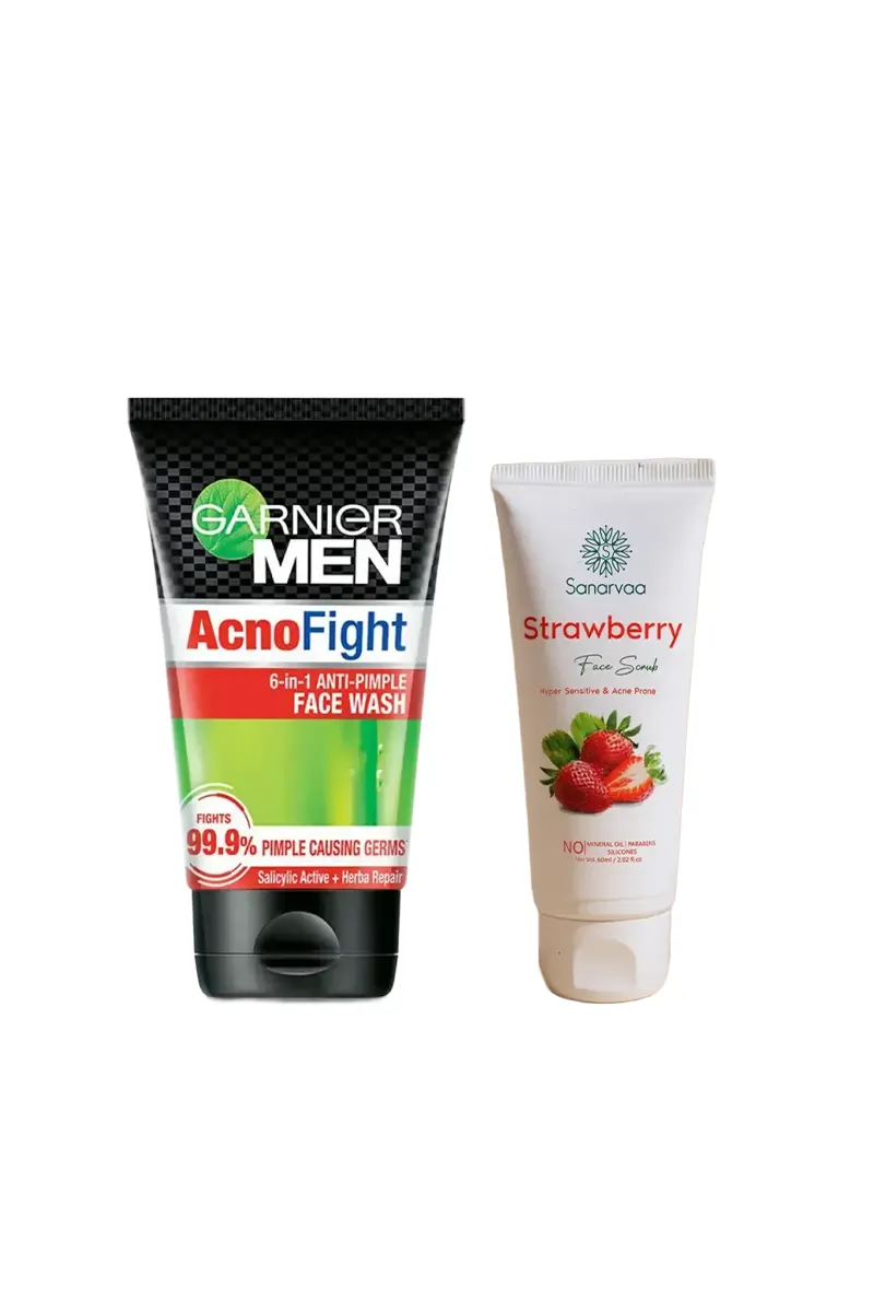 Oil Control & Glow Boost Combo (Garnier Men Clay Face Wash + Sanarvaa Strawberry Face Scrub) Pack Of 2