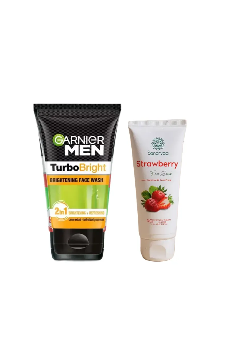 Bright & Smooth Skin Care Combo (Garnier Men Turbo Bright Face Wash + Sanarvaa Strawberry Face Scrub) 2