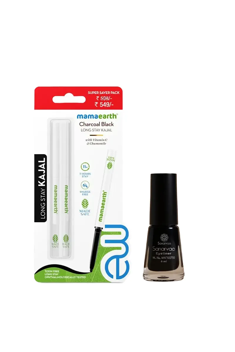 Mamaearth Charcoal Long Stay Kajal + Sanarvaa Liquid Eyeliner - Combo of 2 2