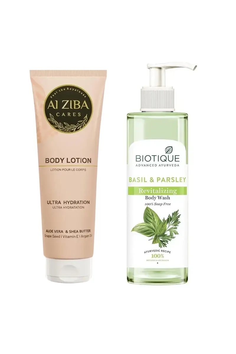 Alziba Cares Body Lotion + Biotique Basil & Parsley Body Wash Combo