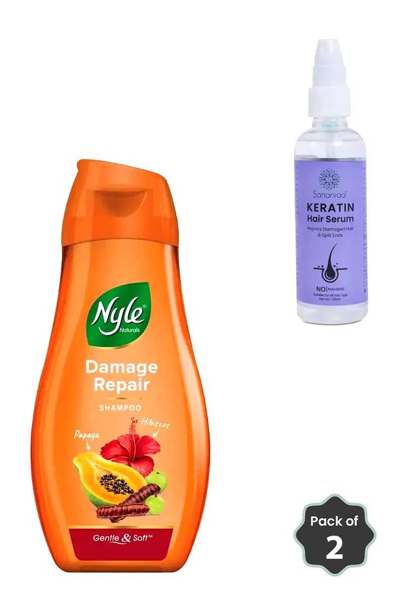 Nyle Damage Repair Shampoo & Sanarvaa Keratin Hair Serum Combo 2