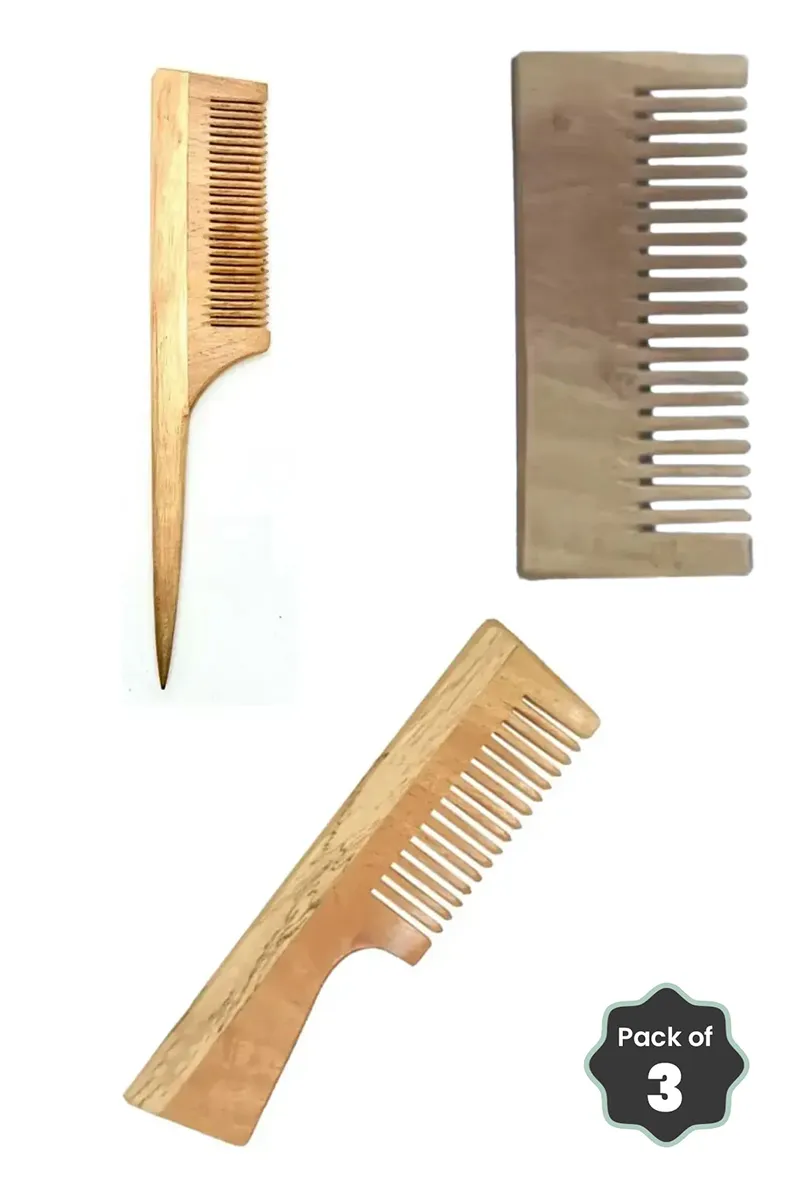 Veena Neem Wooden Comb Trio (Tail Comb + Wide Handle Comb + Regular Comb) 3