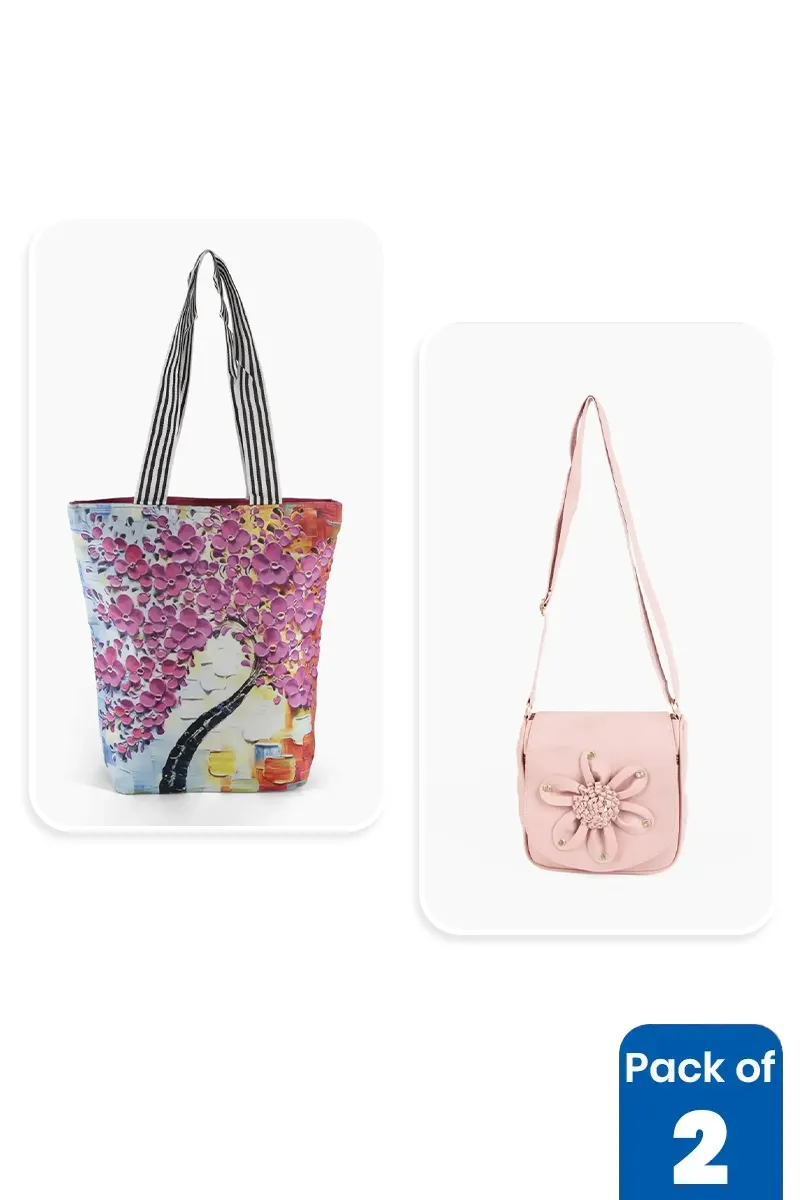 Floral Print Tote Bag & Sling Bag Combo for Women & Girls