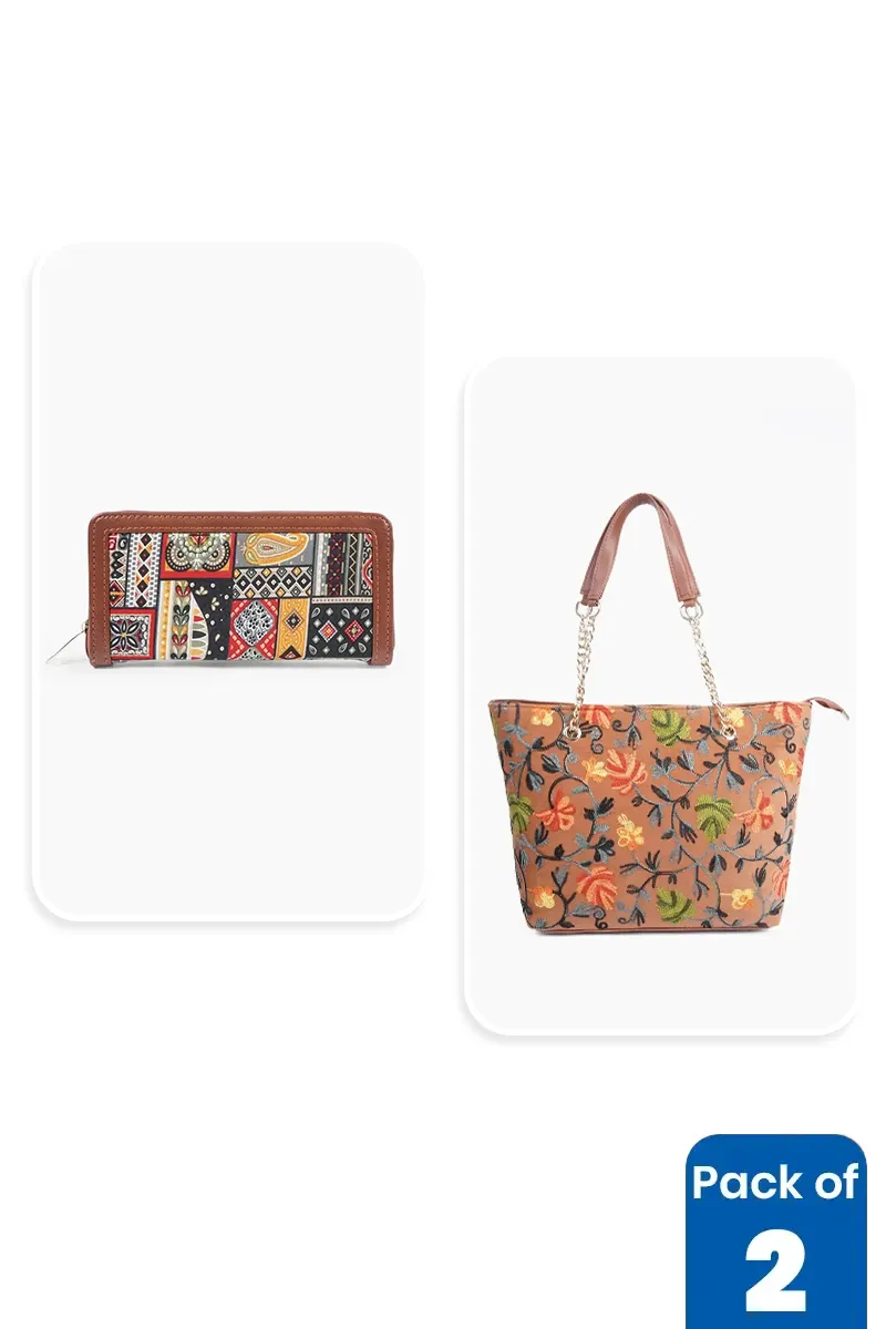 Floral Embroidered Tote Bag & Printed Purse Combo for Women