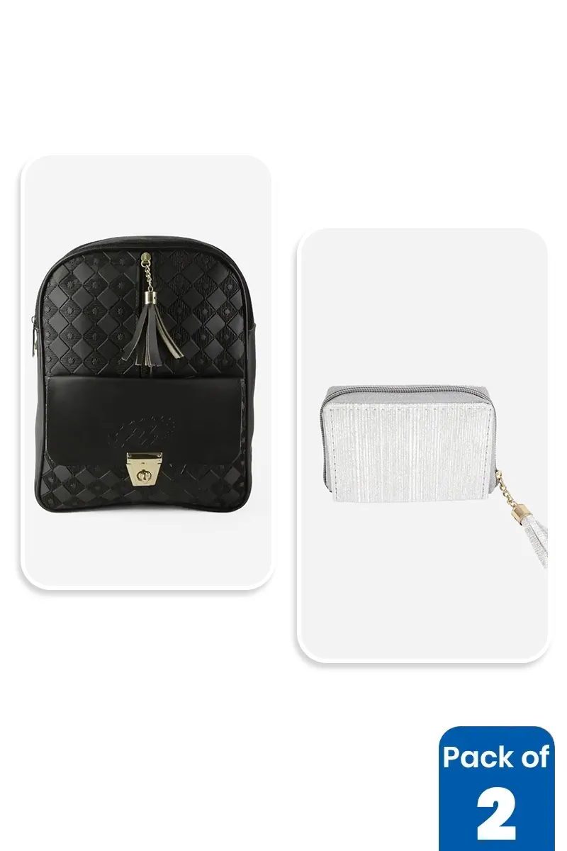 Quilted Backpack & Glitter Purse Combo for Women & Girls