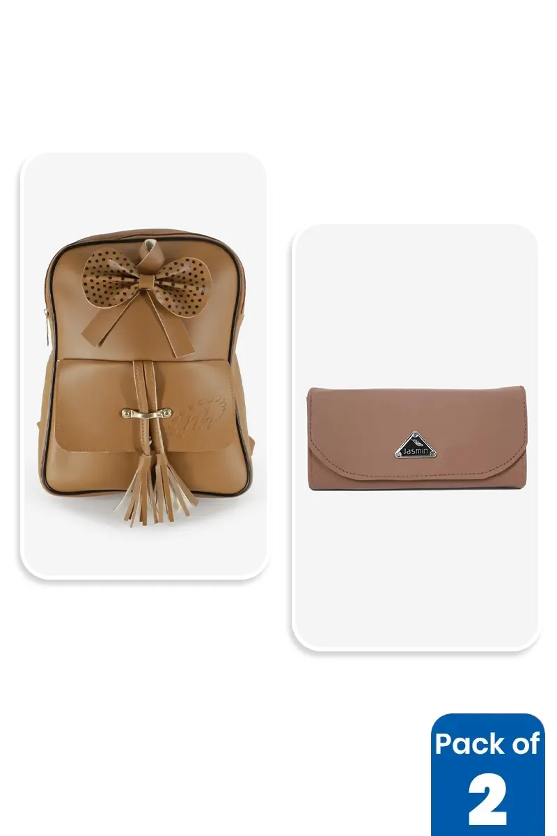 Cute Bow Design Backpack & Purse Combo for Women & Girls BGCOMBO00108BRO