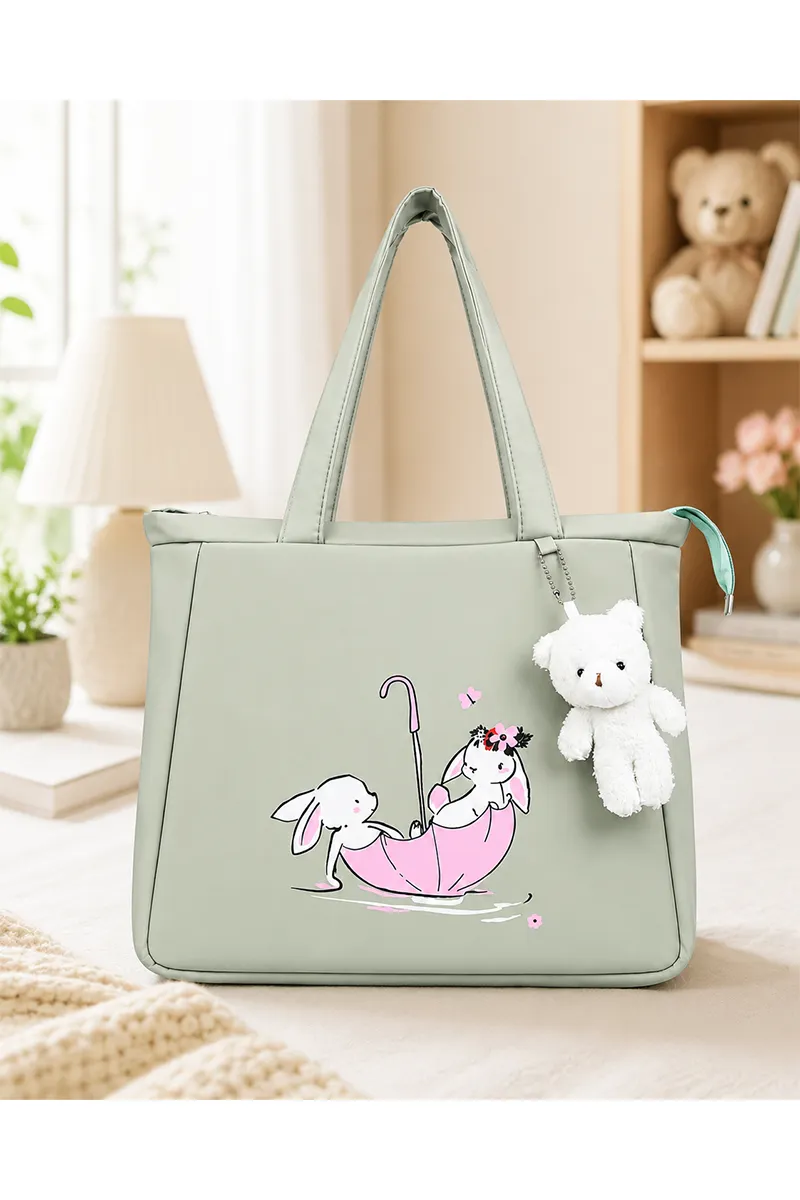 Rabbit Printed with Hand Bag with Teddy Keychain