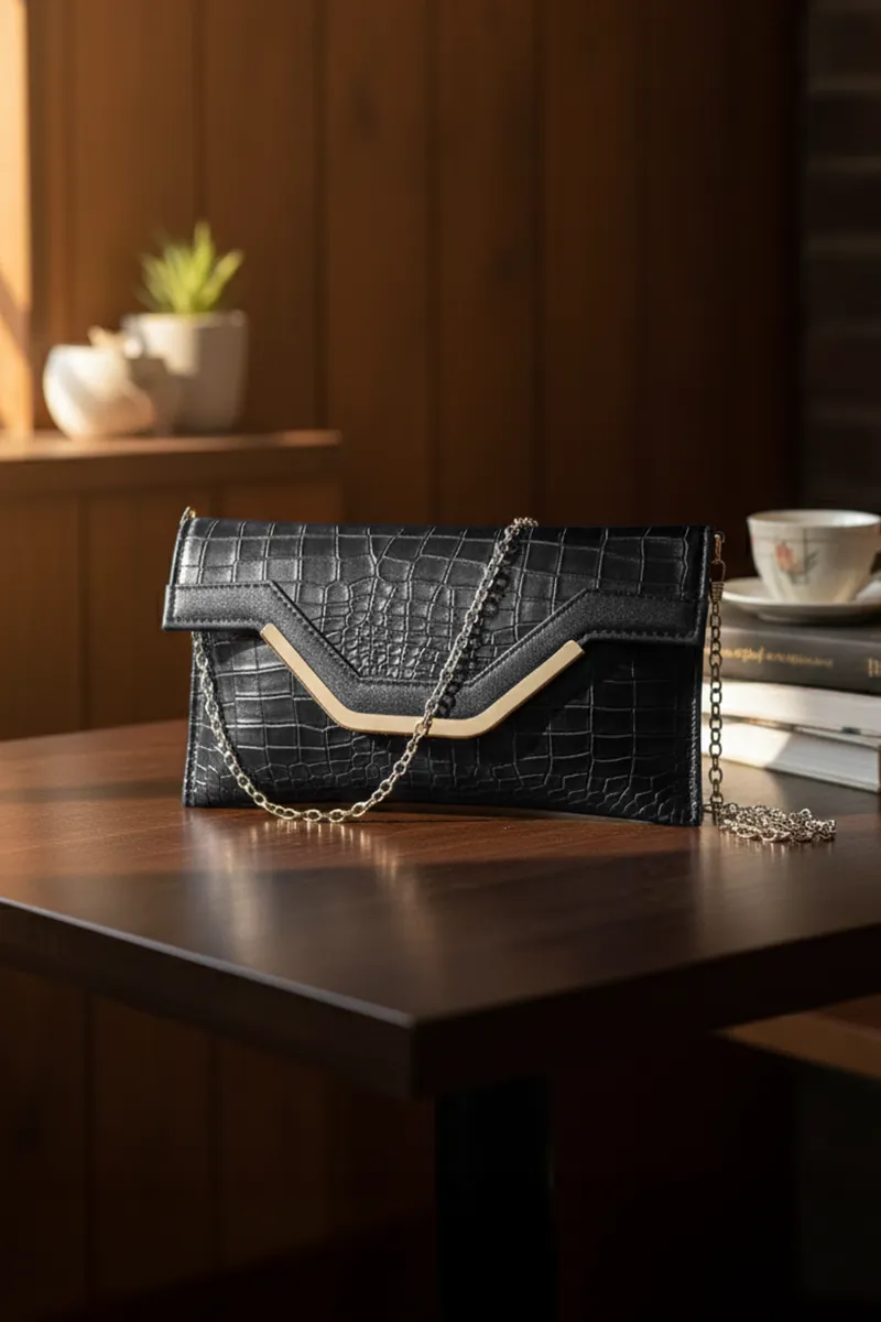 Croc-Textured Envelope Clutch with Chain Strap for Women