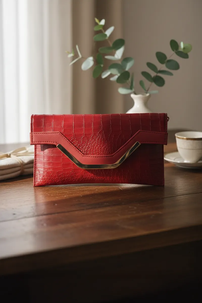 Croc-Textured Envelope Clutch with Chain Strap for Women