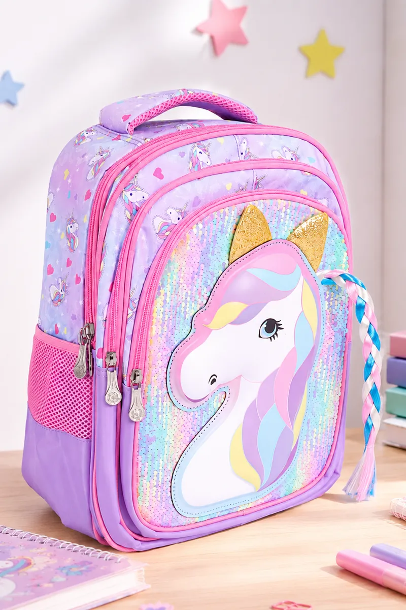 Sequined Unicorn Printed School Bag for Kids - Small