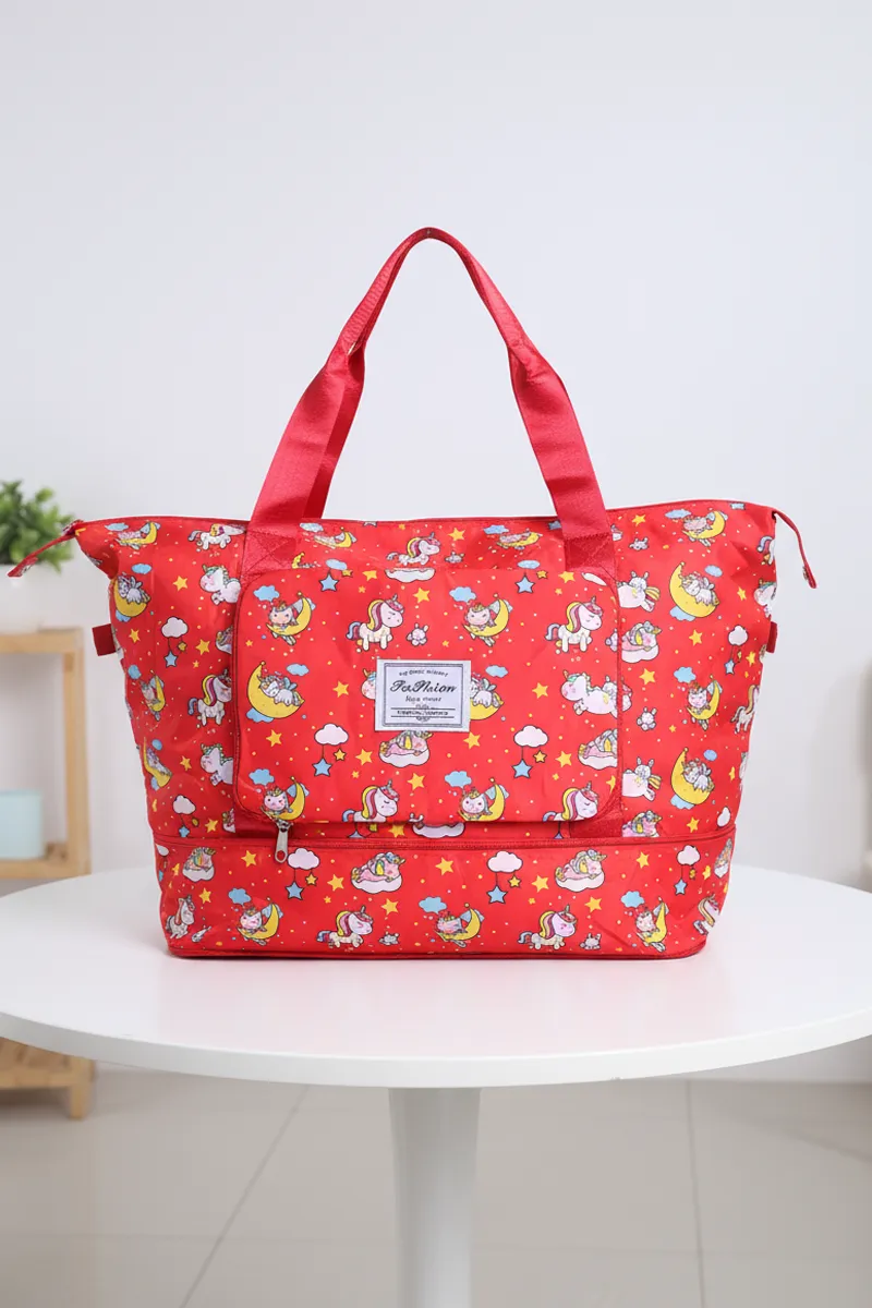 Unicorn Printed Folding Travel Hand Bags for Women BGT000001RED