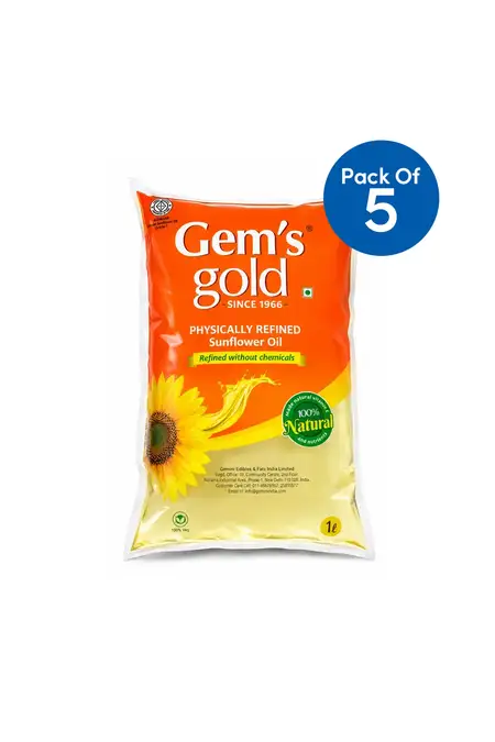 Gem's Gold Physically Refined Sunflower Oil Without Chemicals - 1 Ltr X 5 