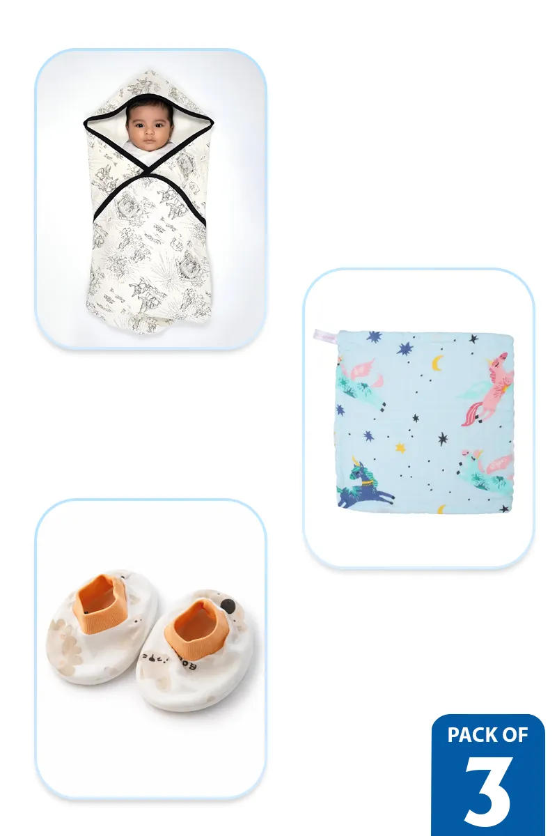 Newborn Essentials Combo Set(Pack of 3) – Cotton Swaddle, Muslin Hanky & Socks/Booties - Multicolor